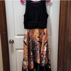 Joseph Ribkoff black, orange, and tan  (assymetrical hem) scarf dress. S…